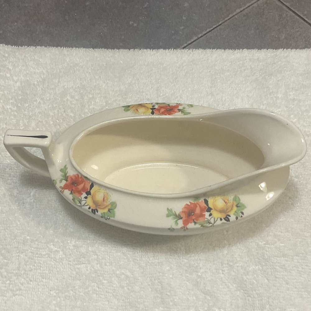 Homer Laughlin Cream Oval Gravy Boat with Floral Accents